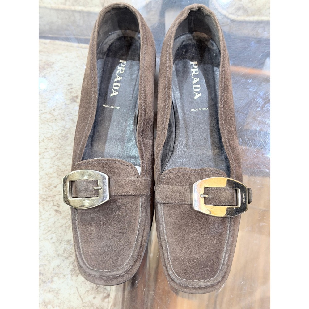 Prada Brown Suede Buckle Loafers Square Toe Flats Made in Italy Size 39 EU